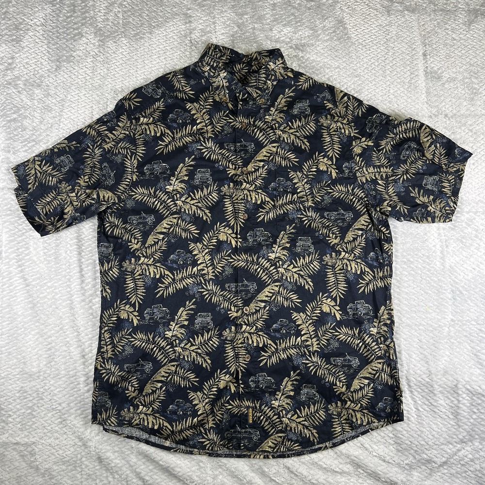 Woolrich Jeep Hawaiian Camp Shirt Mens L Blue Palm Leaf Off Road Vehicle Cotton